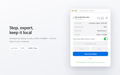 Tab Audio Recorder :: Record the current tab's audio locally as a WebM/Opus file. No uploads, no microphone, no tracking.