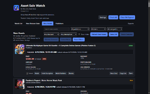 Asset Sale Watch - Unity Asset Store Deals :: Sale alerts and deal tracking for the Unity Asset Store. Watch assets and publishers, never miss a sale - 100% local.