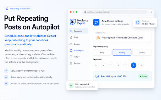 Noblesse Export - AI Automation for FB Groups :: Automate Facebook Group posting with AI tools, smart scheduling, bulk publishing, analytics, and safer workflow controls.