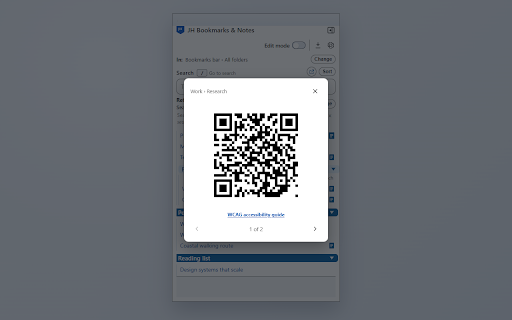 JH Bookmarks & Notes :: Busca marcadores sin perder la referencia a sus carpetas. Añade notas, destaca favoritos y genera su QR. Accesible, rápido y local.