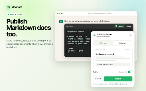 Publish to dochost :: One-click publish of AI-generated HTML and Markdown as a live, shareable web page — no copy-paste, no hosting setup.