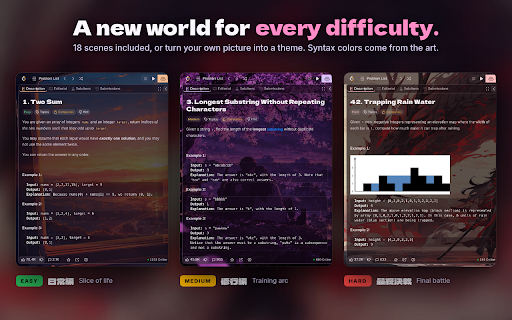 Theme Studio for LeetCode – Dark Themes & Anime Backgrounds :: Custom LeetCode themes and dark mode for the code editor and problem page. Set any picture or anime scene as your background.