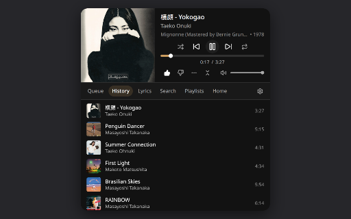 Companion for YouTube Music :: Control YouTube Music from a toolbar popup: playback, queue, recommendations, history, search, playlists and synced lyrics.