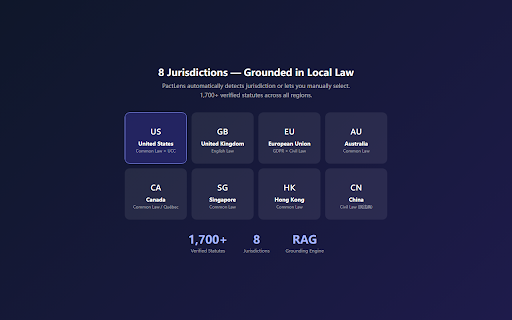 PactLens — AI Contract Review Assistant :: AI contract review grounded in 1,700+ real statutes. Risk scores, clause analysis, 8 jurisdictions. 100% private.