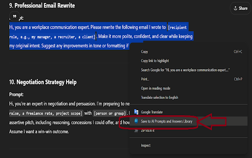 AI Prompts and Answers Library :: Save AI Prompts and Answers by right-clicking text in AI tools or the extension. Reuse them anywhere with a right-click.
