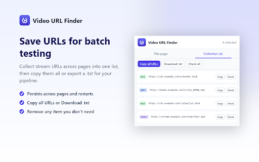 Video URL Finder :: Detects HLS, DASH and MP4 video stream URLs a page loads, so you can copy them to test your own player or ingest pipeline.