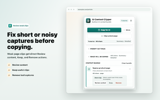 AI Context Clipper :: Clip web pages and selected text into clean, source-backed AI prompt context.