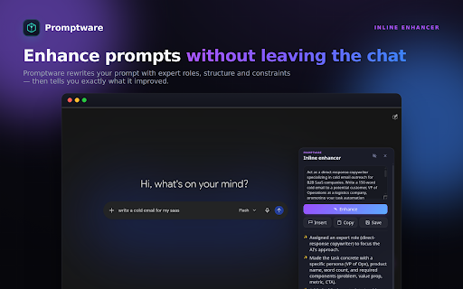 Promptware — AI Prompt Manager & Enhancer :: Save, organize, and AI-enhance prompts on ChatGPT, Claude, Gemini and other AI chat sites. Your vault stays local.