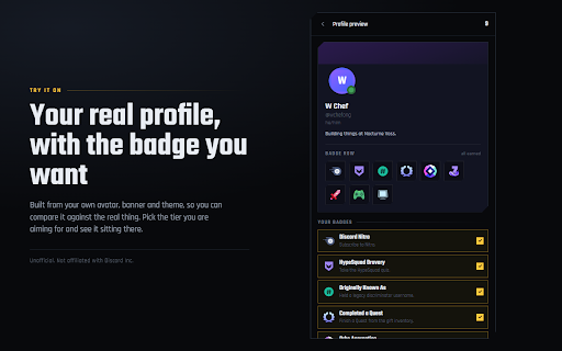 Badge Previewer for Discord :: Preview Discord badges on your profile and track progress toward the new tiered ones. Unofficial, not affiliated with Discord.
