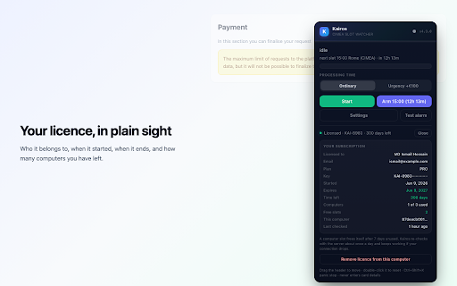 Kairos — CIMEA Payment Slot Alert :: CIMEA payment slot alert. Watches your Diplome request and alarms the second a slot opens. Never enters card details, never pays.