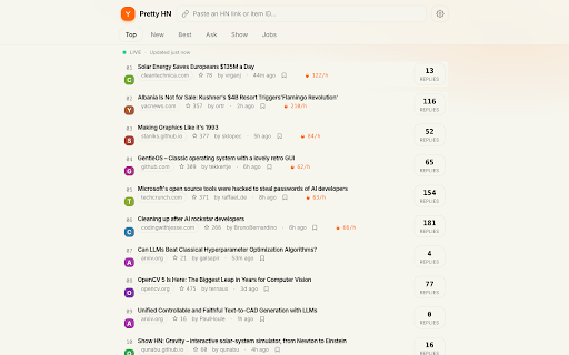 Pretty Hacker News — a configurable skin for Hacker News :: A calmer, modern Hacker News — in place. Themes, keyboard nav, inline article previews, and vote/comment on your own account.