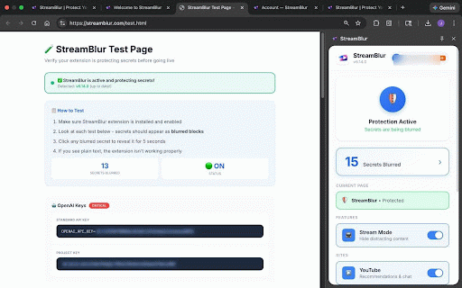 StreamBlur :: Protect API keys, passwords, and secrets while streaming. Blur protection for YouTube, Twitter, GitHub, Discord & Twitch.