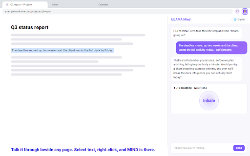 MIND – AI wellbeing companion :: Free AI wellbeing companion beside any page: talk it through, breathe, track your mood. Calm for stressful moments.