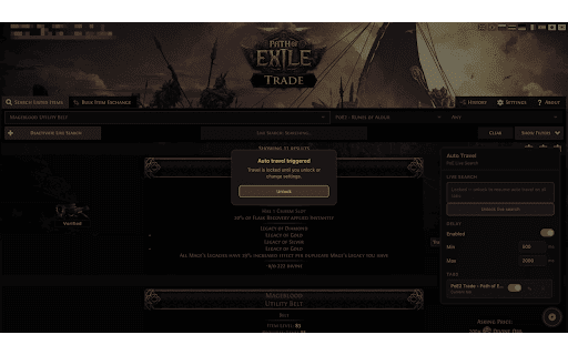 PoE Live Search Auto Travel :: Automatically clicks Travel to Hideout when a new item appears in PoE Trade live search.