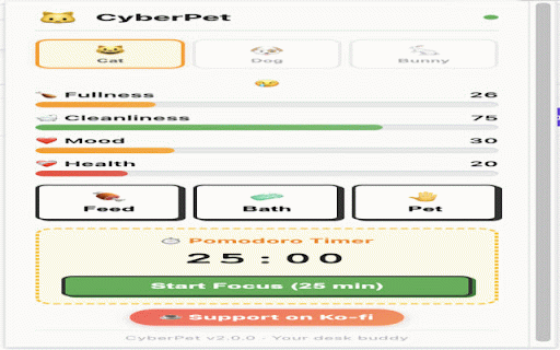 CyberPet - Office Browser Companion :: A pixel-art cyber pet in your browser corner. Feed, bathe, and pet your cat, shiba, or rabbit, with a Pomodoro focus timer.