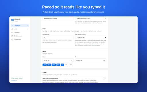 Mailplate: Mail Merge for Gmail :: Send one personalised email to a list, from your own Gmail. No account and no server: your list never leaves your browser.
