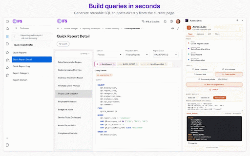Aurena Lens — IFS Cloud Developer Tools :: Developer tools for IFS Cloud — SQL columns, LU/entity info, field inspector, query builder, API explorer and more.