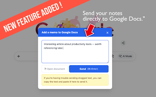 Drag to Document :: Save interesting finds and spontaneous ideas to Google Docs with one click. Works on any webpage.