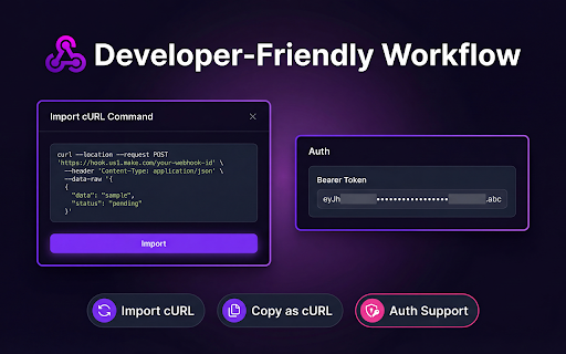 Make (Integromat) Webhook Tester - Debug Automation Workflows :: Test & debug Make.com (Integromat) webhook URLs. Send HTTP requests, import cURL, inspect responses. Free automation tool.
