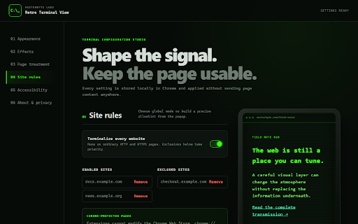 Retro Terminal View — CRT Themes for the Web :: Turn websites into customizable CRT terminals with phosphor themes, site rules, safe media controls, and local settings.