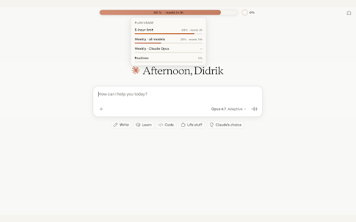 Usage Bar for Claude :: See your Claude plan usage, context window and prompt-cache countdown on claude.ai — as a top bar or inside the chat box.