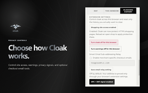 cloak :: Chrome privacy extension: block selected trackers, clean tracking links, reduce fingerprinting, and protect shopping sessions.
