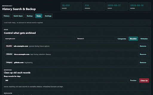 BrowseVault: History Search & Backup :: Search, back up, export, and preserve your browser history locally.