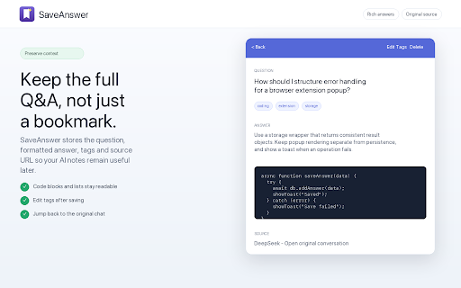 SaveAnswer - Save AI Answers :: Save useful AI answers with one click, then organize them with tags and full-text search in your browser.