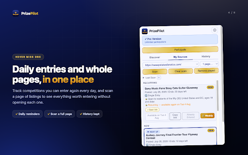 PrizePilot — Competition & Giveaway Autofill :: Find live competitions and giveaways, auto-fill entry forms, and get AI help completing every entry step. Comping, fast.