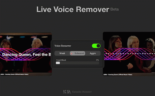 Karaoke Monster :: A Chrome extension featuring a professional audio processing interface with equalizer controls, voice removal, and effects