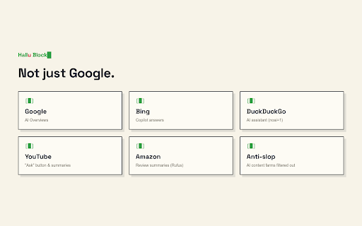 Hallu Block :: Masque les résumés IA de Google & cie. L'IA quand vous la demandez, pas imposée par défaut. Gratuite, open source, anonyme.