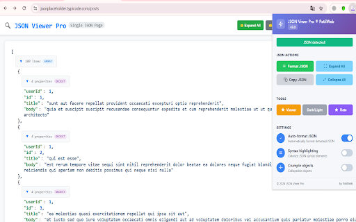JSON Viewer Pro Expand,Editor,Auto,Drag-Drop,Output Dump 2 json By PatilWeb :: View, format, edit, expand/collapse, drag & drop, and export JSON with advanced features in Chrome.