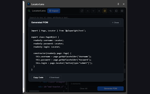 LocatorLens :: Inspect any element and generate stable XPath, CSS & Playwright/Cypress/Selenium locators. Build Page Object Models instantly.