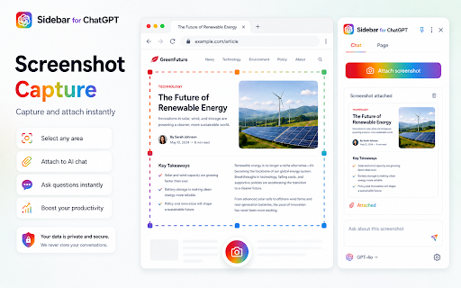 Sidebar for ChatGPT :: Access ChatGPT in side panel with screenshots and extension-based dictation.