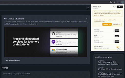 Session Swap :: Save and switch named cookie + localStorage profiles per site. 100% local, no accounts.