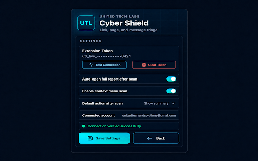 United Tech Labs Cyber Shield :: Scan suspicious links, pages, and pasted text with United Tech Labs AI Cyber Helpdesk.