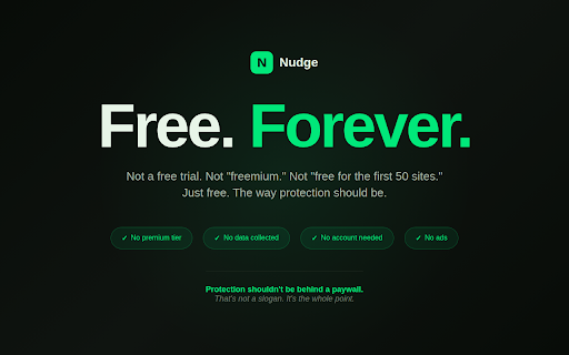 Nudge - Internet Protection :: AI-powered trust scores on every website. Scam detection, deepfake alerts, fact-checking, and safe alternatives — instantly.