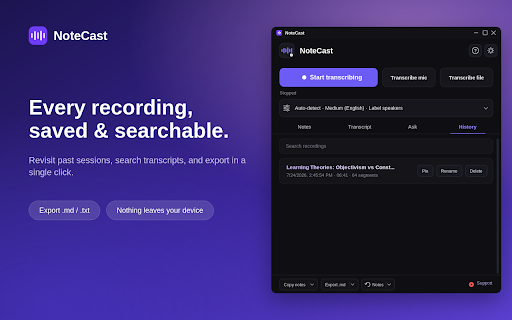 NoteCast — AI tab-audio note-taker :: Capture a browser tab's audio, transcribe it locally with Whisper, and generate structured notes with a local Ollama model.