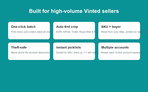 LabelFlow — Label Printer for Vinted Sellers :: Download, crop and print your Vinted shipping labels as 6×4 thermal labels with SKU and buyer details, plus picklists.