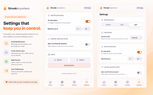 Streak Anywhere :: Turn the sites you visit into daily habits: streaks, rest days, smart reminders with sound, awards and insights.