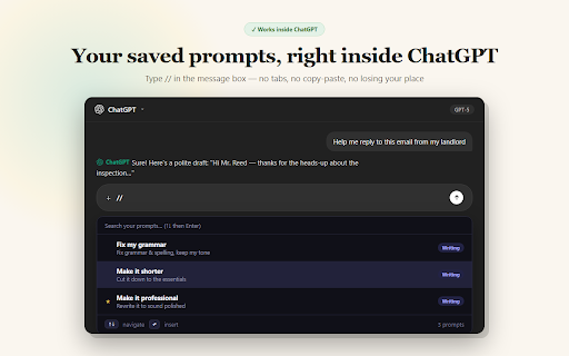 PromptDock: AI Prompt Manager for ChatGPT :: Save & reuse AI prompts. Type // in ChatGPT, Claude, Gemini, Perplexity & more to insert your prompt library instantly.