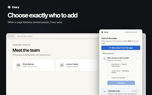 Every AI: Add Contacts from Any Page :: Add anyone to your Every contacts from any page — capture LinkedIn profiles, team pages, and bios in one click.