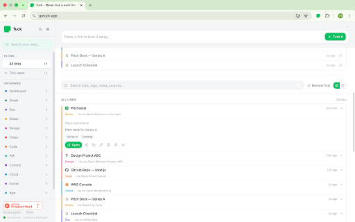 Tuck :: One-click capture of any tab into your Tuck link library. No account needed.