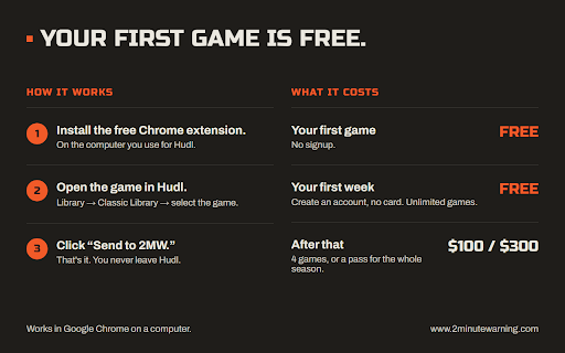 2 Minute Warning: AI Film Breakdown for Hudl :: Send game film from Hudl in one click. Our AI tags it and your breakdown is back in under an hour. First game free.