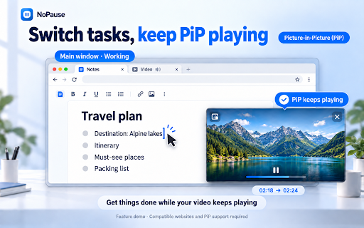NoPause Playback :: Prevents videos and audio from pausing, even when switching tabs, minimizing the window, or when the mouse leaves the screen.