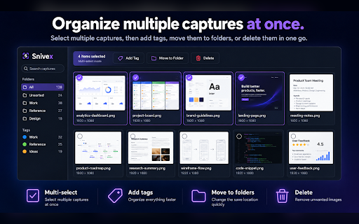 Snivex - Screenshot Organizer :: Capture any part of a page, mark it up, and find it again with tags, folders, and search. Your captures stay on your device.