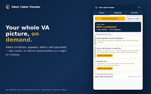Valor Claim Tracker :: Track your VA disability claims and get alerted when something changes — plus smart, on-device claim insights.