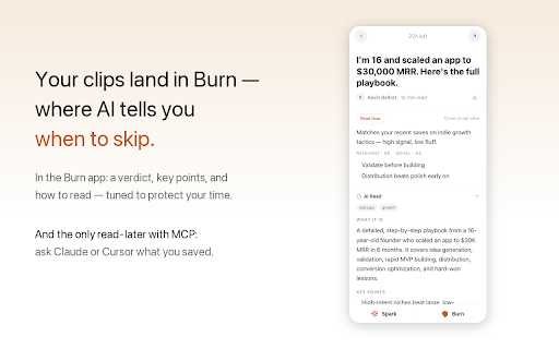 Burn Web Clipper — Save & Read Later with a Deadline :: The only read-later app with a deadline. Save any page, read it in 24h — or it burns. The Pocket alternative that works.