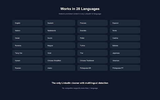LinkedIn Feed Cleaner - Filter Ads, Spam & Promoted Posts :: Clean your LinkedIn feed — filter promoted posts, suggested content, polls, reshares & newsletter ads. 28 languages. Free.
