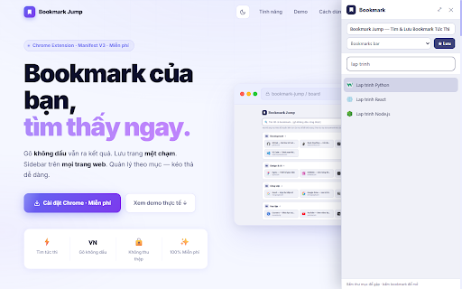 Bookmark Jump — Tìm & Lưu Bookmark Nhanh :: Tìm bookmark tức thì (gõ không dấu vẫn ra), lưu trang một chạm, quản lý theo mục. Dành cho người Việt.